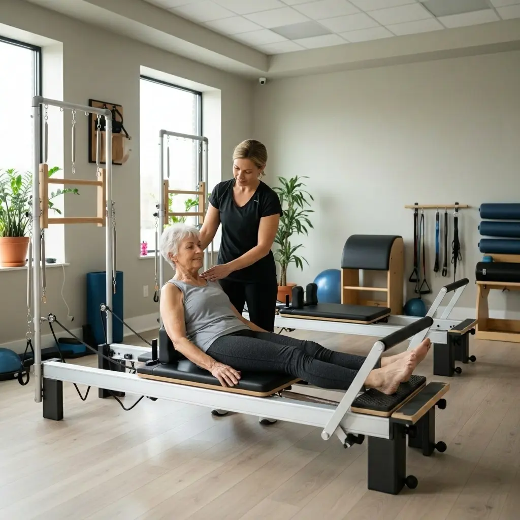 Idoso praticando Pilates terapêutico com acompanhamento profissional em São Bernardo do Campo